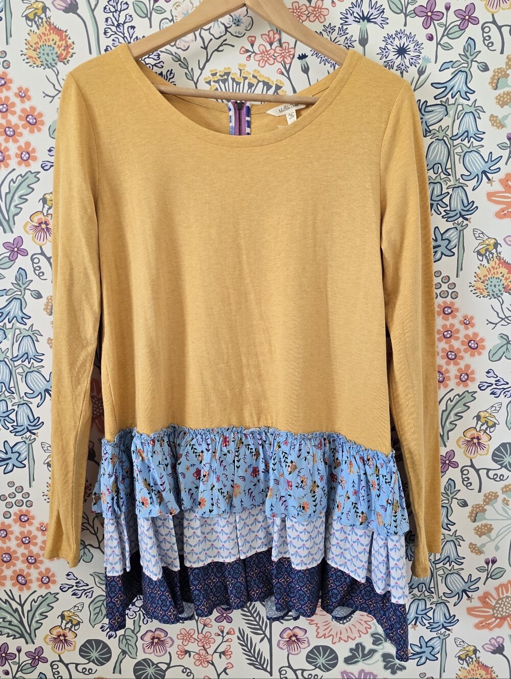 Matilda Jane Mustard Yellow Top with Blue & Purple Zip Trim